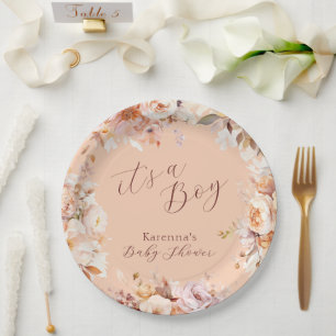 Peach Vintage Floral Fall It's a Boy Baby Shower Paper Plate