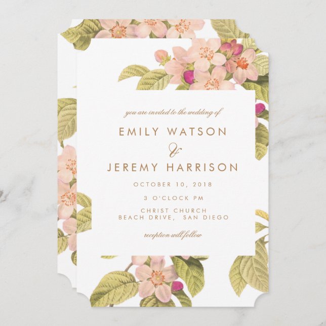 Peach Vintage Flower Blossoms Wedding Invitation (Front/Back)