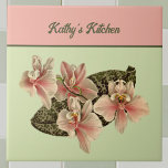 Peach Vintage Orchid Botanical Image Monogram Tile<br><div class="desc">This lovely peach orchid vintage illustration is offset with a colour block of peach and olive. The image is from a decades-old botanical publication, and it's a lovely way to enjoy vintage art. Your name or message is written in lovely script across the top. Make sure to replace the placeholder...</div>