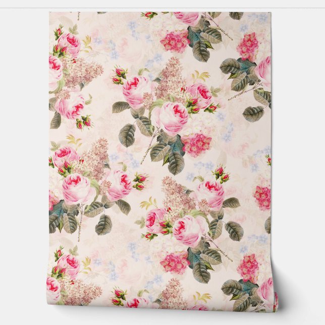 Peach Vintage Rococo Roses Bouquets Garden Wallpaper (Unrolling)