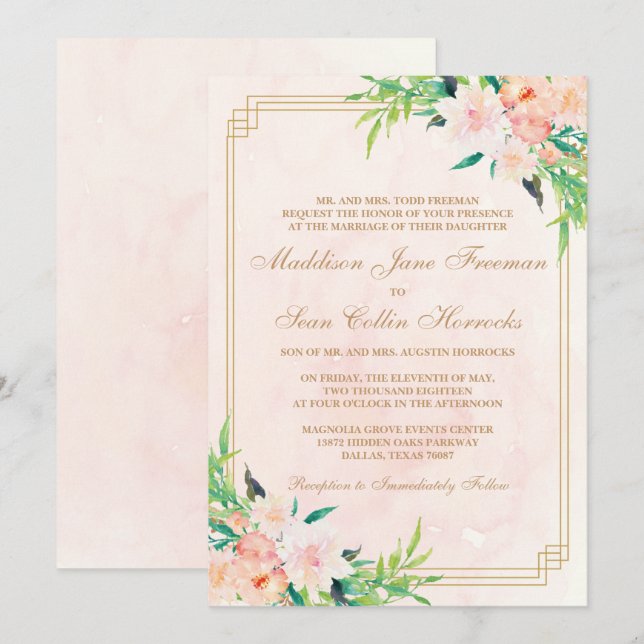 Peach Watercolor and Floral Wedding Invitation (Front/Back)