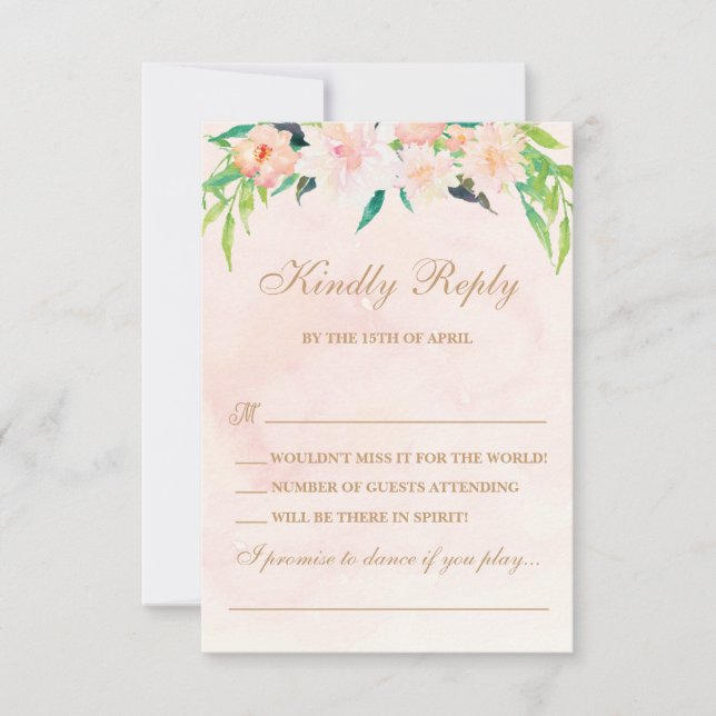 Peach Watercolor and Floral Wedding RSVP Card (Front)