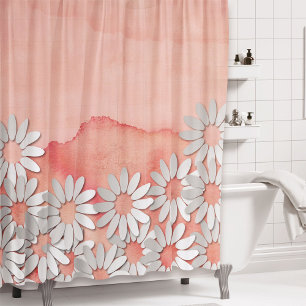 Peach Watercolor and White Flowers Shower Curtain
