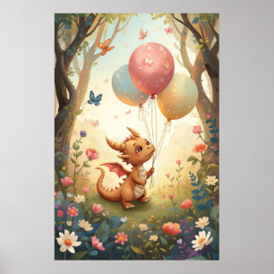 Peach Watercolor Baby Dragon Balloon Nursery Poster