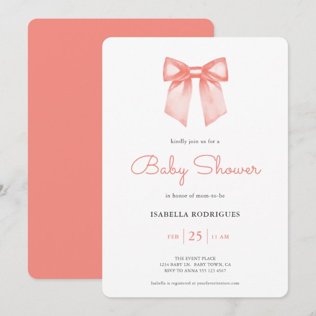 Peach Watercolor Bow Baby Shower Invitation (Front/Back)