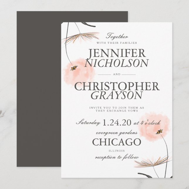 Peach Watercolor Dandelion Wedding Invitation (Front/Back)
