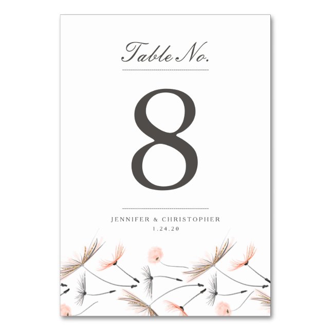 Peach Watercolor Dandelion Wedding Table Card (Front)