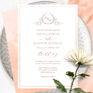 Peach Watercolor Elegant Monogram Wedding Invitation
