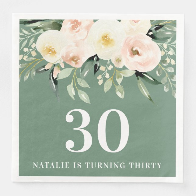 Peach watercolor floral 30th birthday party favour napkin (Front)