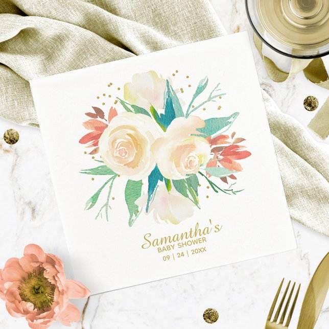 Peach Watercolor Floral Baby Shower Napkin (Creator Uploaded)