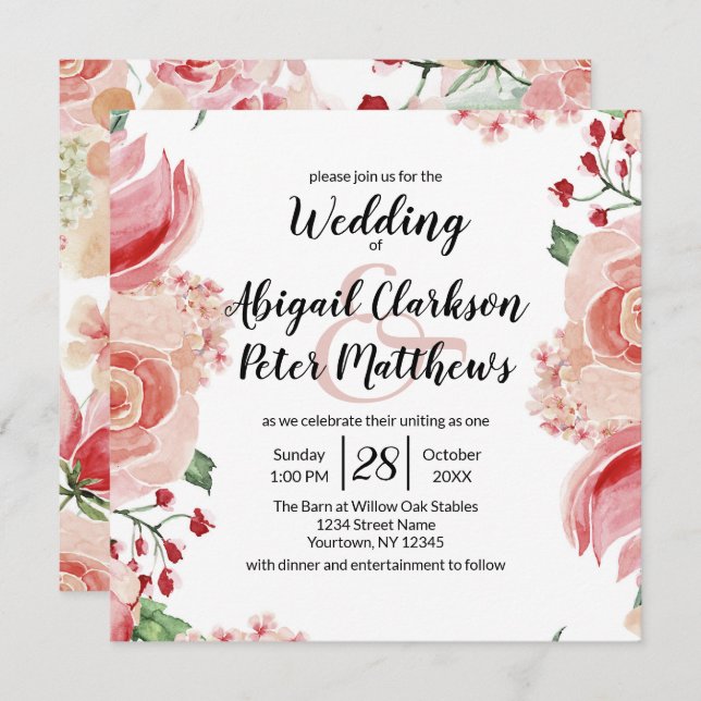 Peach Watercolor Floral Border Wedding Square Invitation (Front/Back)