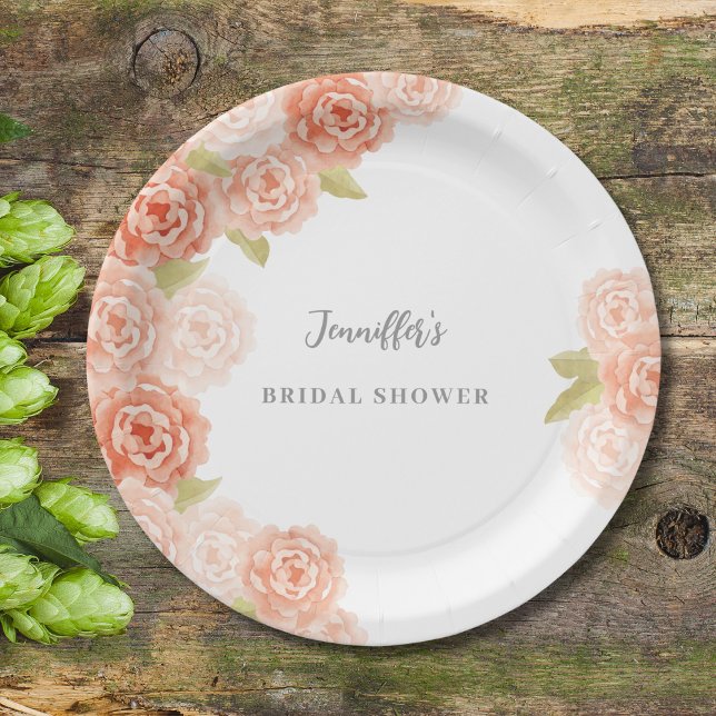 PEACH WATERCOLOR FLORAL BRIDAL SHOWER PAPER PLATE (Creator Uploaded)