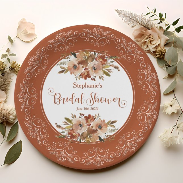 Peach Watercolor Floral Bridal Shower Persimmon  Paper Plate (Peach Watercolor Floral Bridal Shower Persimmon Paper Plates)