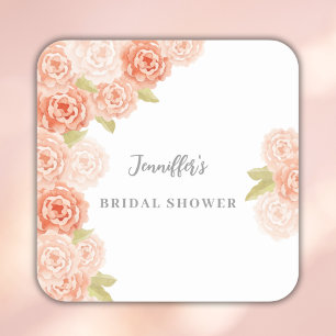 PEACH WATERCOLOR FLORAL BRIDAL SHOWER SQUARE STICKER