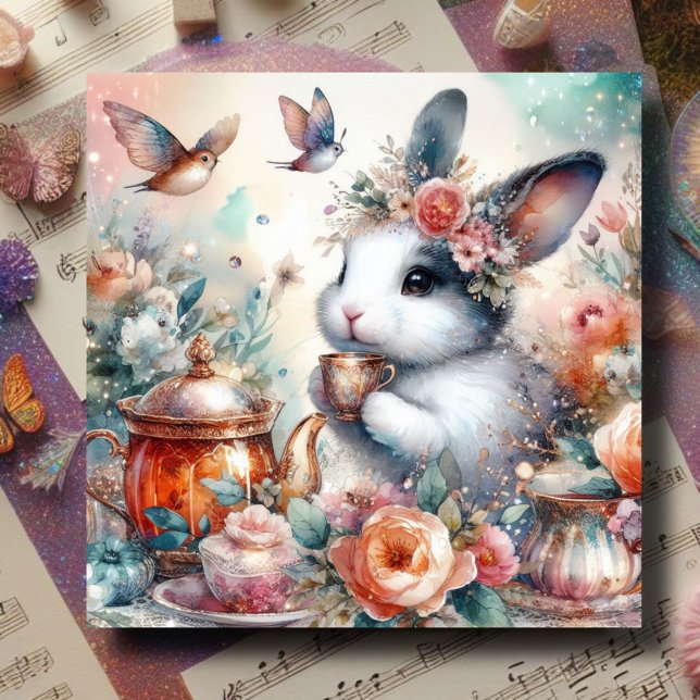 Peach Watercolor Floral Bunny Easter Tea Holiday Card (Creator Uploaded)