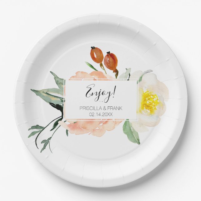 Peach Watercolor Floral Dessert Table Wedding Paper Plate (Front)