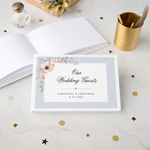 Peach Watercolor Floral Dusty Blue Wedding Guest Book