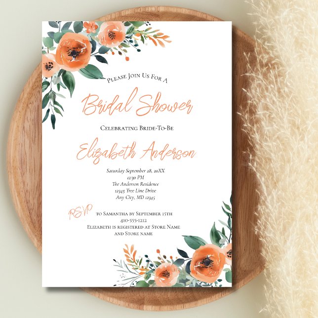 Peach Watercolor Floral Elegant Bridal Shower Invitation (Peach Floral Watercolor Bridal Shower Invitation. Printed or Instant Digital Download.)