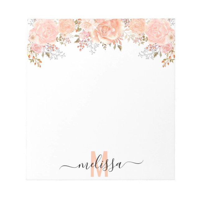 Peach Watercolor Floral flower Monogram  Notepad (Front)