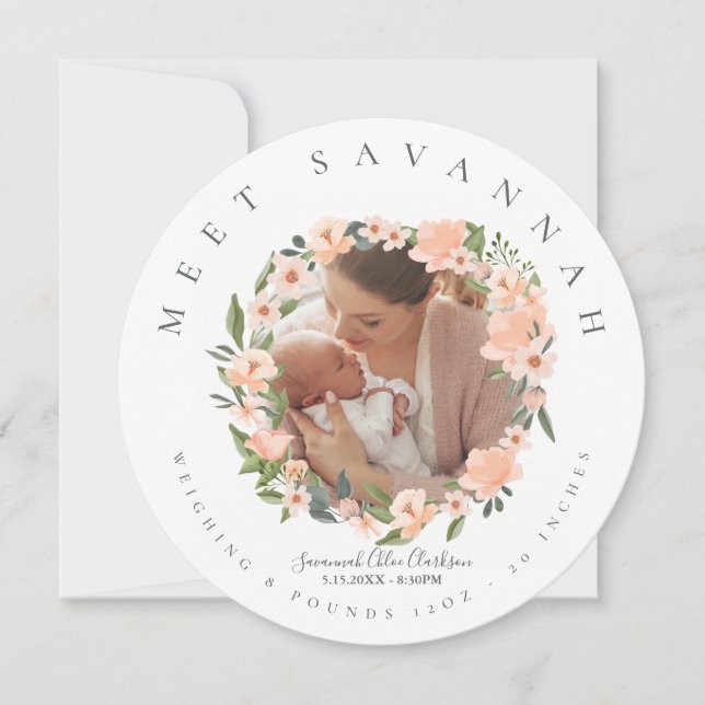 Peach Watercolor Floral Flower Wreath Photo Baby Announcement (Front)