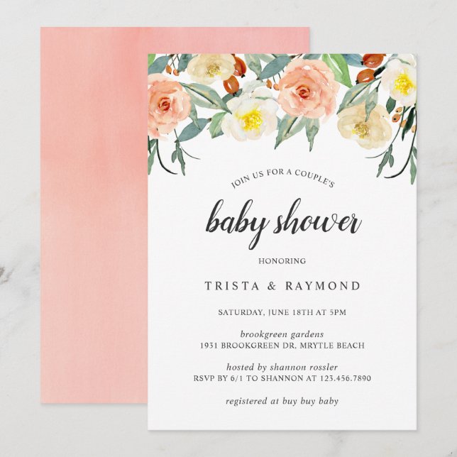 Peach Watercolor Floral Girl Couple's Baby Shower Invitation (Front/Back)