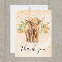 Peach Watercolor Floral Highland Cow Thank You