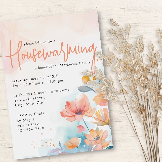 Peach Watercolor Floral Housewarming Party Invitation (Creator Uploaded)