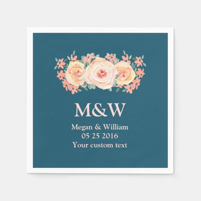 Peach Watercolor Floral Navy Blue Wedding Napkin (Front)