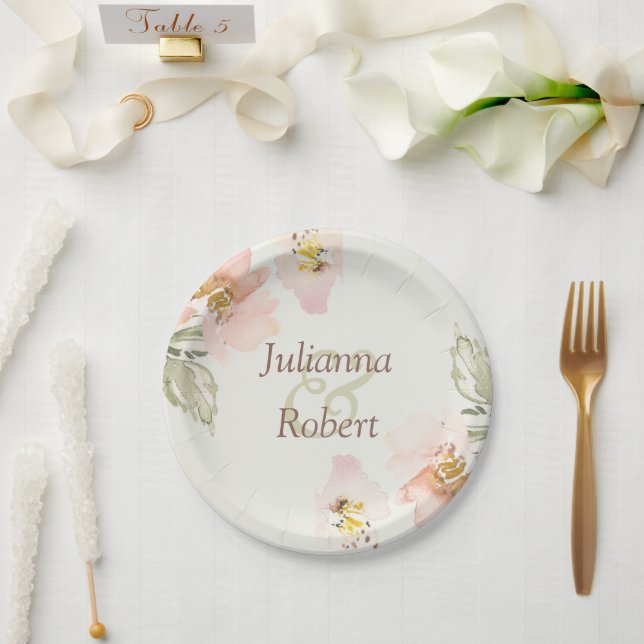Peach watercolor floral   paper plates (Wedding)