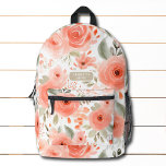 Peach Watercolor Floral Pattern Personalised Name Printed Backpack<br><div class="desc">Peach Watercolor Floral Pattern Personalised Name Botanical Chic Backpack features a modern peach and green floral pattern with your personalised name,  monogram or text. Perfect for school,  sports,  gym,  travel and more. Designed by ©Evco Studio www.zazzle.com/store/evcostudio</div>