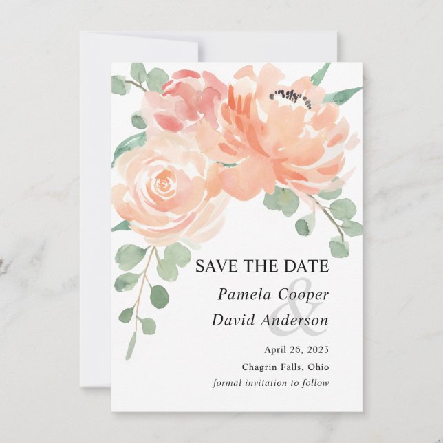 Peach Watercolor Floral Photo Save the Date Card (Front)