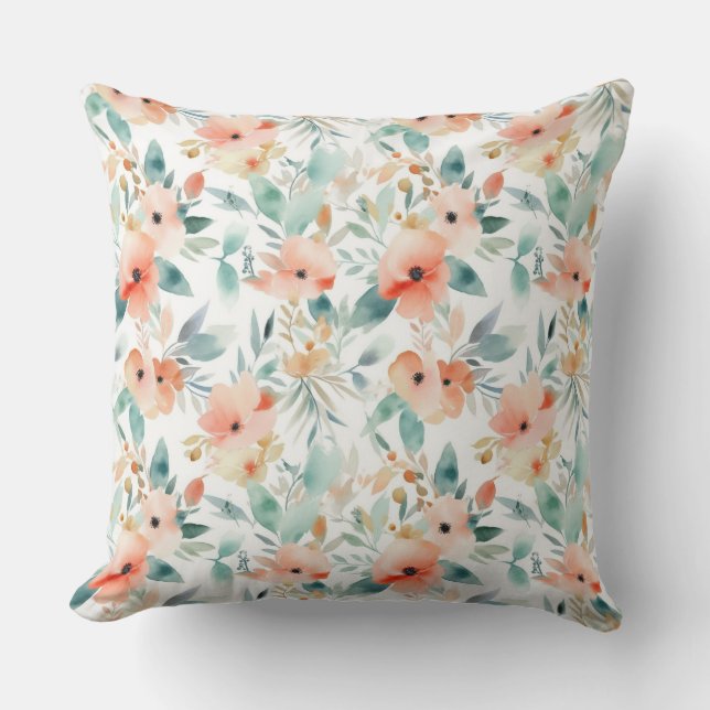 Peach watercolor floral pillow decor (Front)