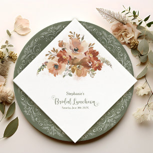 Peach Watercolor Floral Sage Green Bridal Luncheon Napkin