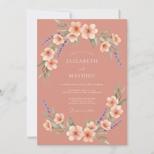 Peach Watercolor Floral Spring Wedding Invitation (Front)