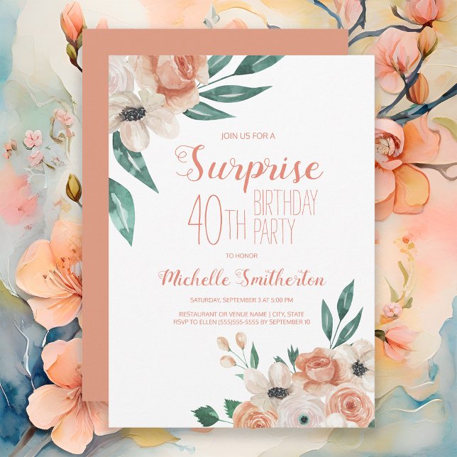 Peach Watercolor Floral Surprise 40th Birthday Invitation (Peach watercolor floral women's surprise 40th birthday party invitation)