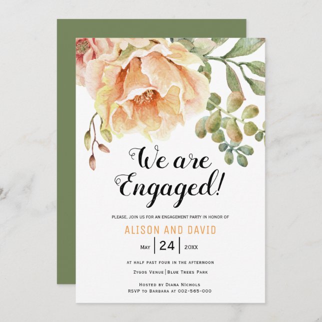 Peach watercolor floral wedding engagement party invitation (Front/Back)