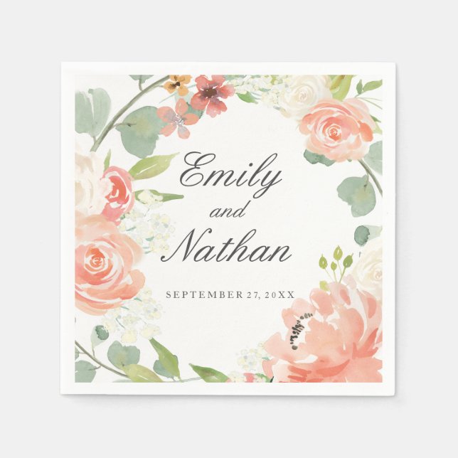Peach Watercolor Floral Wedding Napkin (Front)