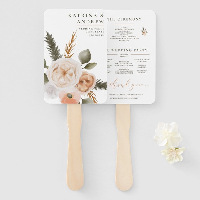 Peach Watercolor Floral Wedding Program Fans (Front and Back)