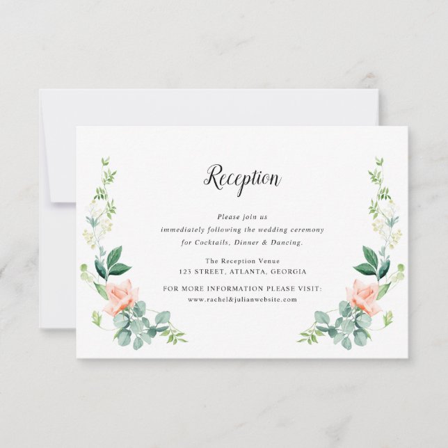 Peach watercolor floral wedding reception card (Front)