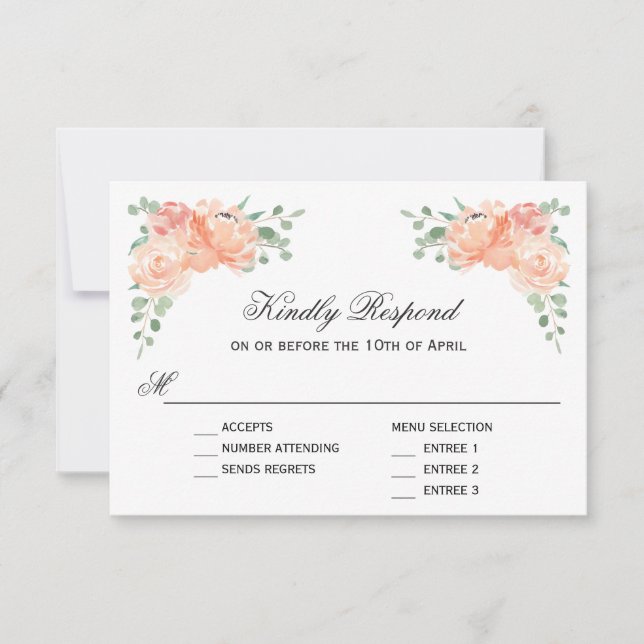 Peach Watercolor Floral Wedding RSVP with Entrees (Front)