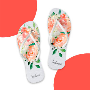 Peach Watercolor Floral with Your Name Jandals
