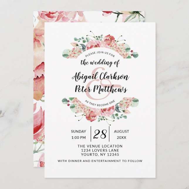 Peach Watercolor Floral Wreath Chic Wedding Invitation (Front/Back)