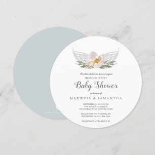 Peach Watercolor Florals Angel Wings Baby Shower Invitation