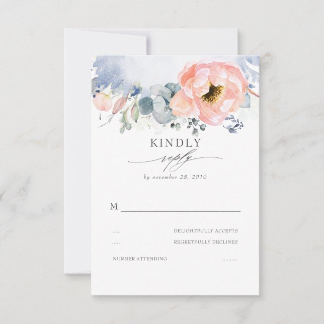 Peach Watercolor Flower Elegant Dusty Blue Wedding RSVP Card (Front)
