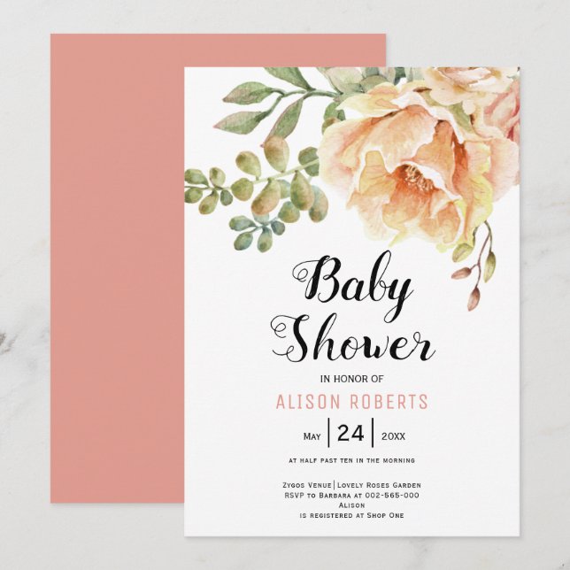 Peach watercolor flowers and leaves baby shower invitation (Front/Back)