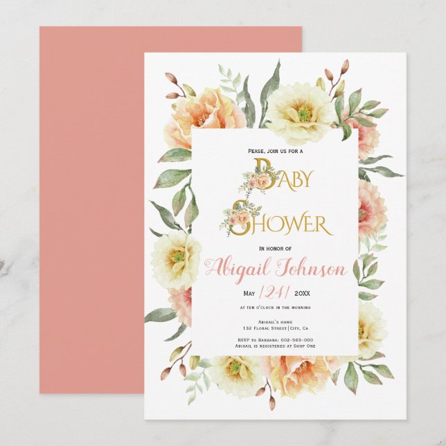 Peach watercolor flowers baby shower for girls invitation (Front/Back)