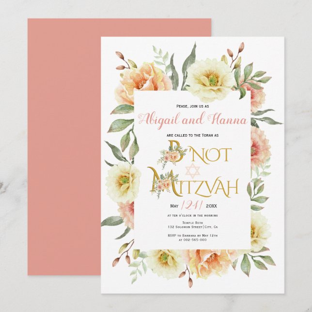 Peach watercolor flowers floral B' Not Mitzvah Invitation (Front/Back)