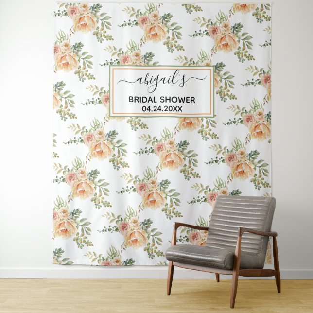 Peach watercolor flowers floral bridal shower tapestry (In Situ)