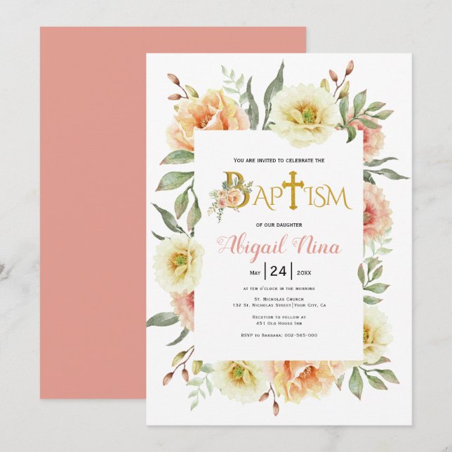 Peach watercolor flowers girl floral baptism invitation (Front/Back)