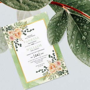 Peach watercolor flowers sage floral wedding invitation
